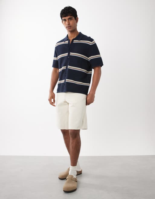 Jack & Jones button down knit shirt in navy with multi stripes, 2 of 5