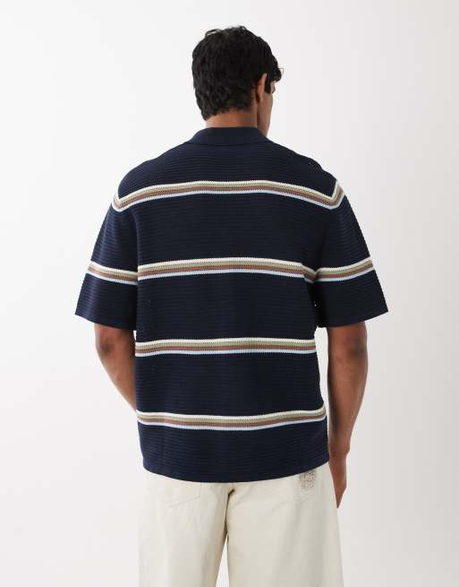 Jack & Jones button down knit shirt in navy with multi stripes, 4 of 5