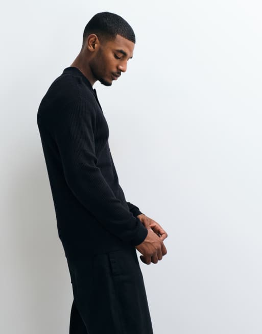 Jack & Jones button down ribbed jumper in black, 3 of 5