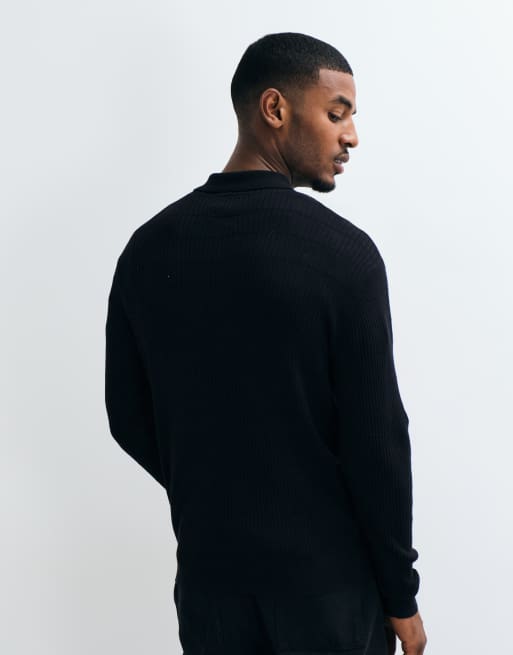 Jack & Jones button down ribbed jumper in black, 5 of 5