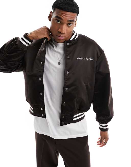 Jack & Jones button up varsity bomber jacket in brown | ASOS