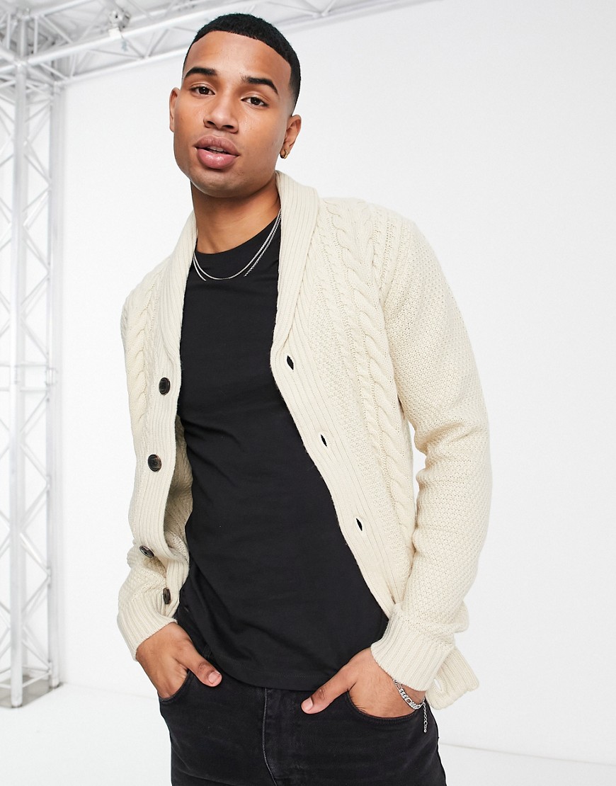 Jack & Jones cable knit cardigan in oatmeal-Neutral