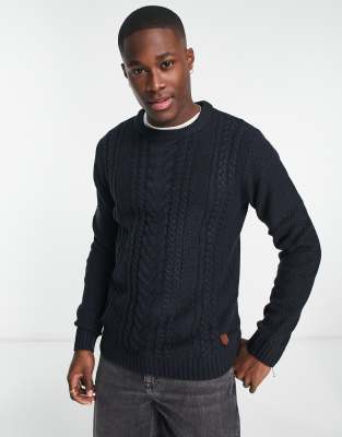 Jack & Jones Cable Knit Crew Neck Sweater In Navy