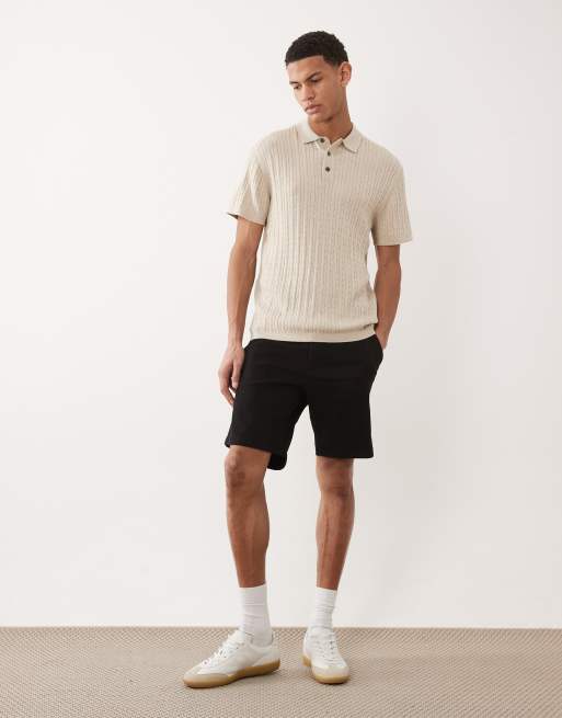 Jack & Jones cable knit polo shirt with short sleeves in cream, 2 of 5