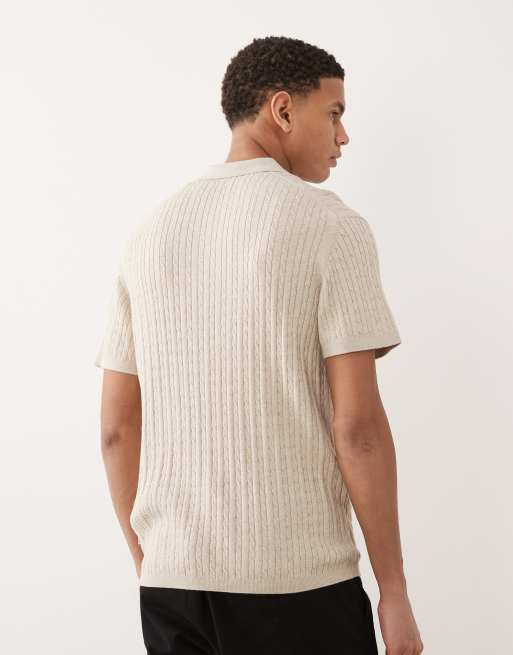 Jack & Jones cable knit polo shirt with short sleeves in cream, 3 of 5