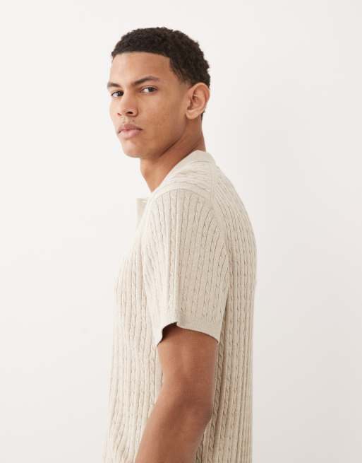 Jack & Jones cable knit polo shirt with short sleeves in cream, 4 of 5