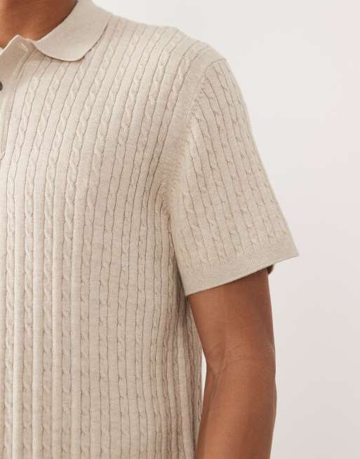 Jack & Jones cable knit polo shirt with short sleeves in cream, 5 of 5