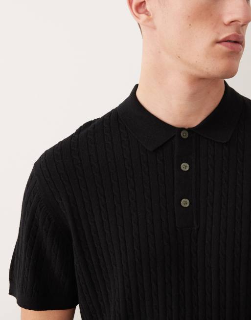 Jack & Jones cable knit polo with short sleeves in black, 5 of 5