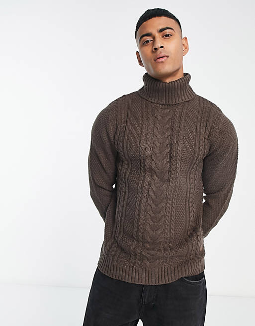 Jack & Jones cable knit roll neck jumper in dark brown | ASOS