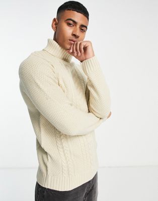 Jack & Jones cable knit roll neck jumper in oatmeal