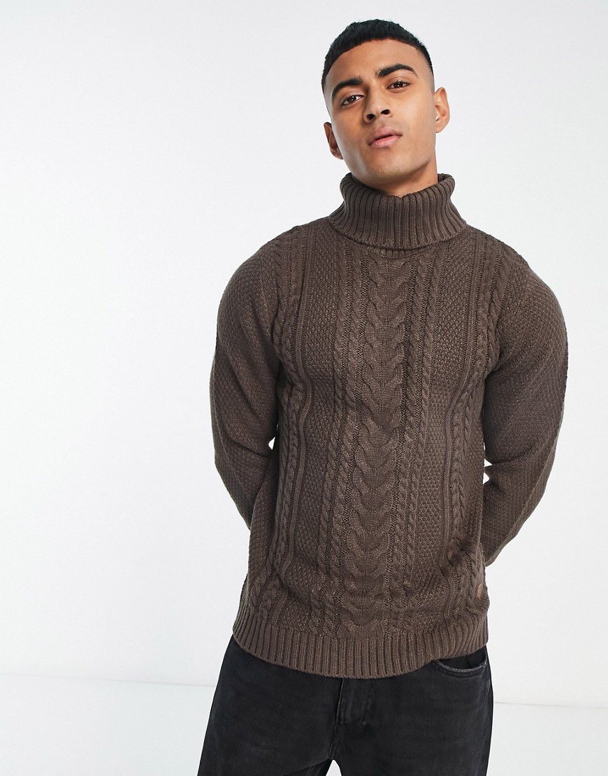 Jack & Jones Cable Knit Turtle Neck Sweater In Dark Brown