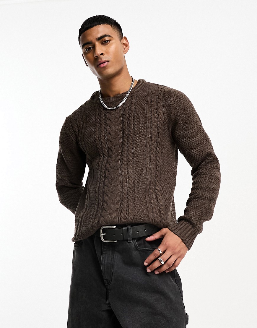Jack & Jones cable knit turtle neck sweater in dark brown