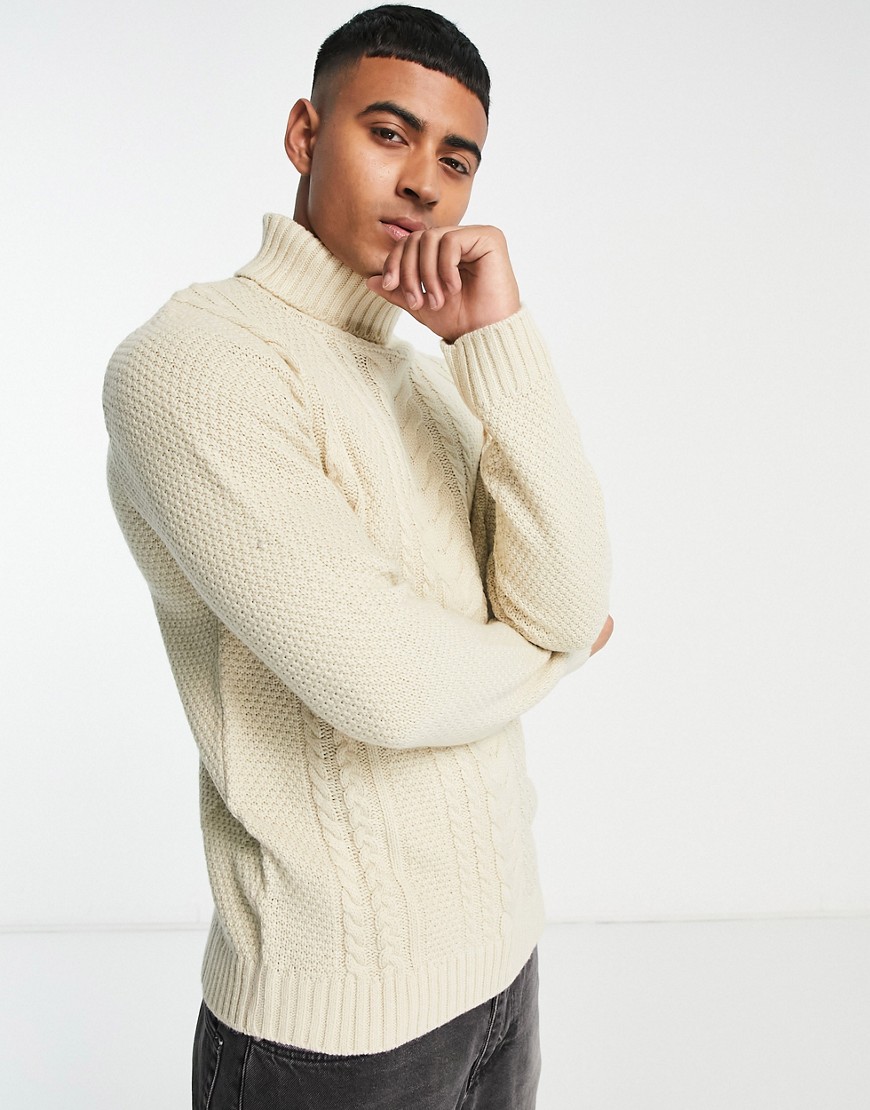 Jack & Jones cable knit turtle neck sweater in oatmeal-Neutral