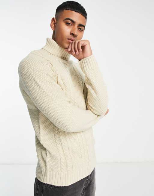 Jack & Jones cable knit turtle neck sweater in oatmeal
