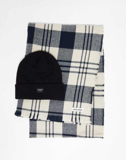 Jack & Jones - Cadeauset met geruite sjaal en beanie in marineblauw 