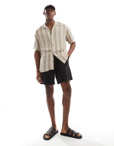 Jack & Jones - Camicia a maniche corte beige a righe con colletto a rever - view 1