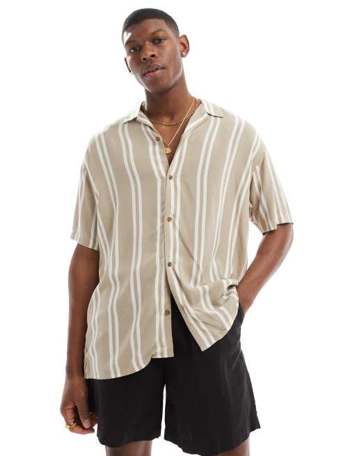 Jack & Jones - Camicia a maniche corte beige a righe con colletto a rever, 4 di 4