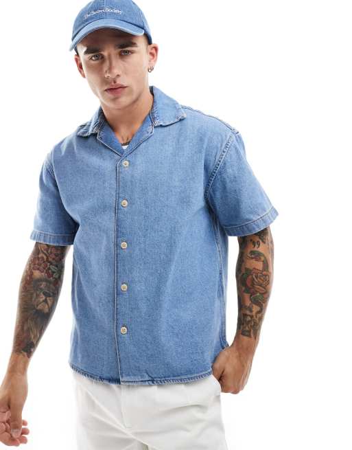 Jack & Jones - Camicia a maniche corte blu lavaggio medio in denim con colletto con rever