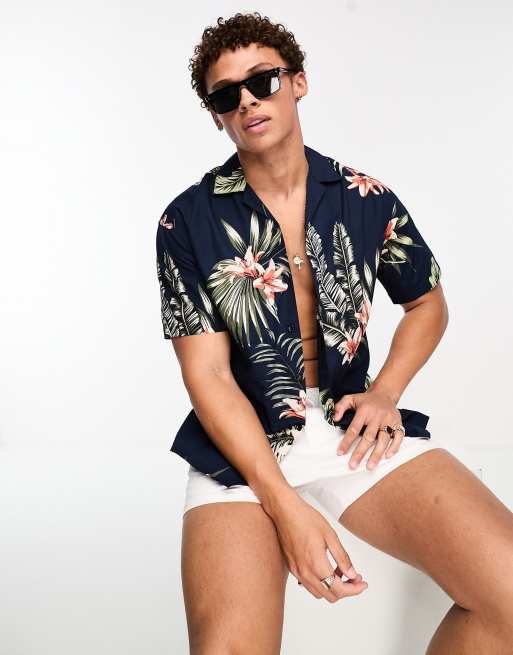 Jack & Jones - Camicia a maniche corte blu navy con rever e stampa