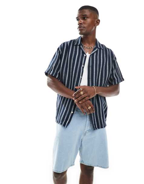 Jack & Jones - Camicia a maniche corte blu navy testurizzata a righe con rever - view 1