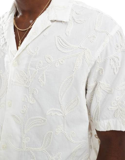 Jack & Jones - Camicia a maniche corte color panna con ricami, 3 di 4