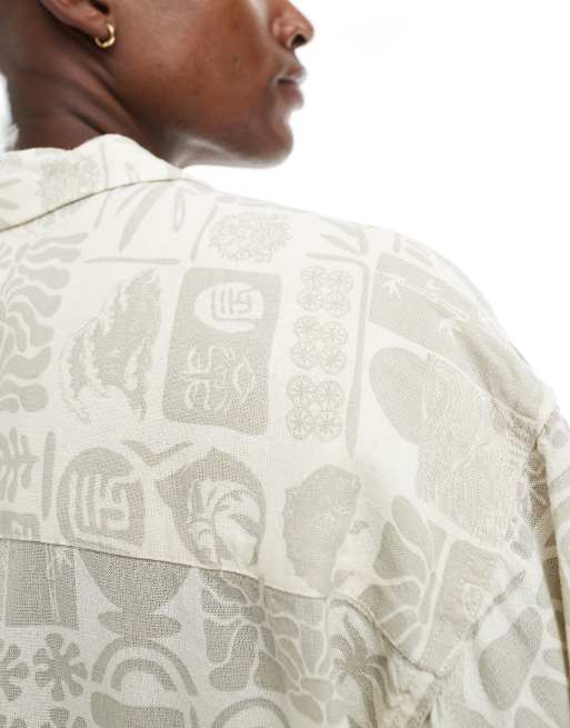 Jack & Jones - Camicia a maniche corte in lino beige con colletto a rever e stampa marina , 3 di 4