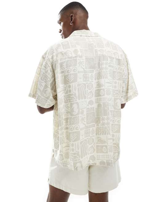 Jack & Jones - Camicia a maniche corte in lino beige con colletto a rever e stampa marina , 4 di 4