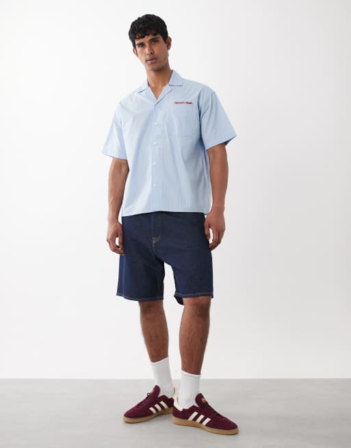 Jack & Jones - Camicia a maniche corte in popeline blu a righe con ricamo, 2 di 5