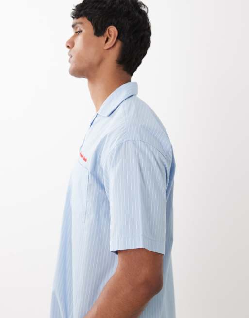 Jack & Jones - Camicia a maniche corte in popeline blu a righe con ricamo, 4 di 5