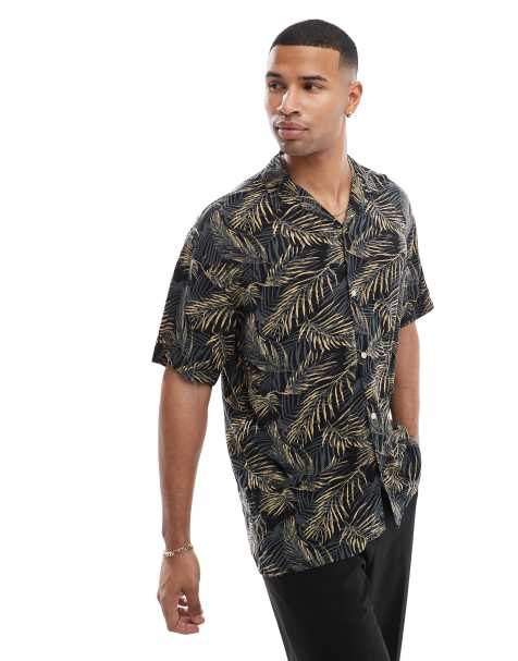 Jack & Jones - Camicia a maniche corte nera con stampa tropicale e rever - view 1