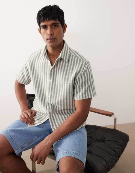 Jack & Jones - Camicia a maniche corte verde chiaro a righe all'uncinetto - view 1