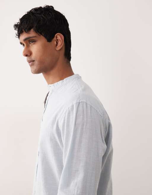 Jack & Jones - Camicia a maniche lunghe in misto lino azzurra con collo serafino, 4 di 5