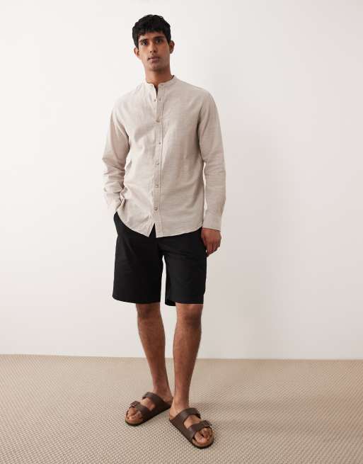 Jack & Jones - Camicia a maniche lunghe in misto lino beige con collo serafino, 2 di 5