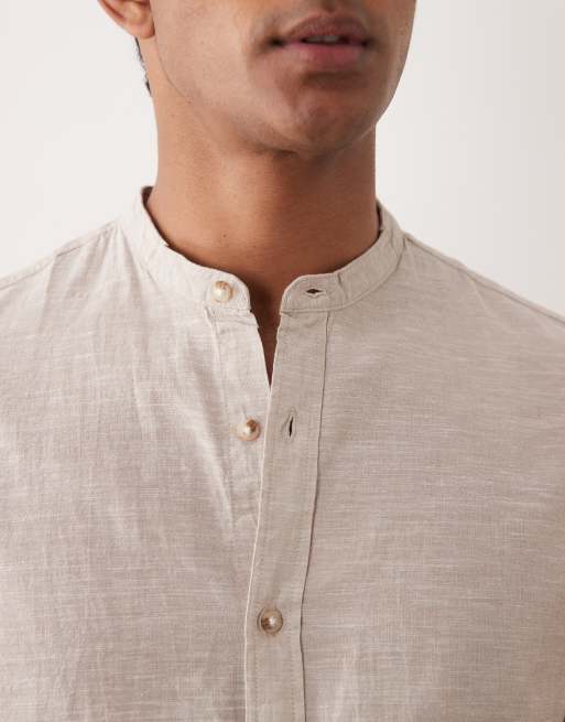 Jack & Jones - Camicia a maniche lunghe in misto lino beige con collo serafino, 3 di 5