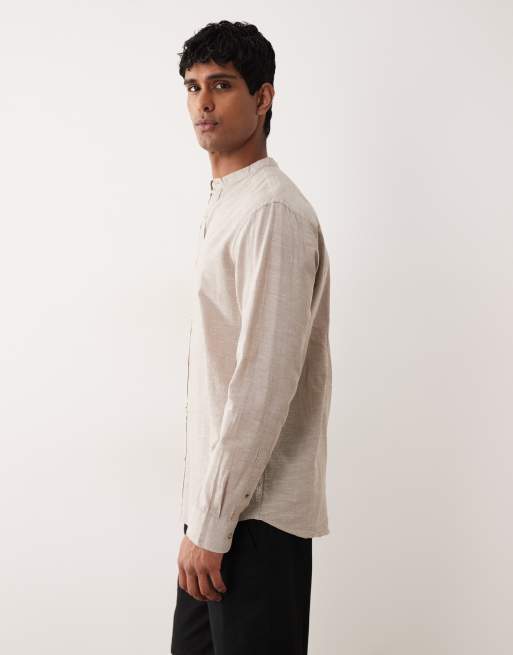 Jack & Jones - Camicia a maniche lunghe in misto lino beige con collo serafino, 4 di 5