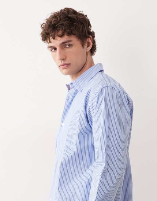 Jack & Jones - Camicia a maniche lunghe oversize in popeline a righe blu, 4 di 5