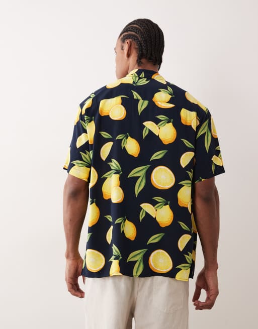 Jack & Jones - Camicia blu navy con colletto a rever e stampa di limoni, 3 di 5