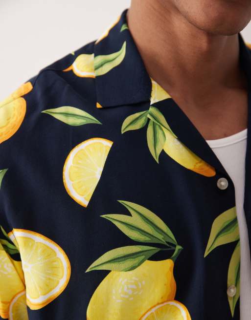 Jack & Jones - Camicia blu navy con colletto a rever e stampa di limoni, 4 di 5