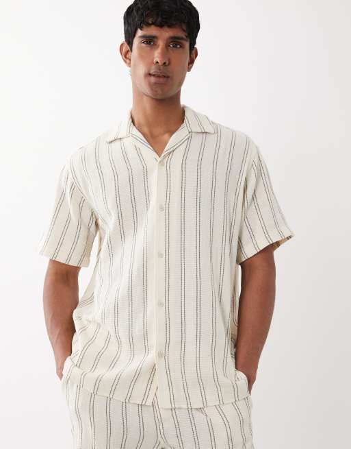 Jack & Jones - Camicia color panna testurizzata a righe in coordinato