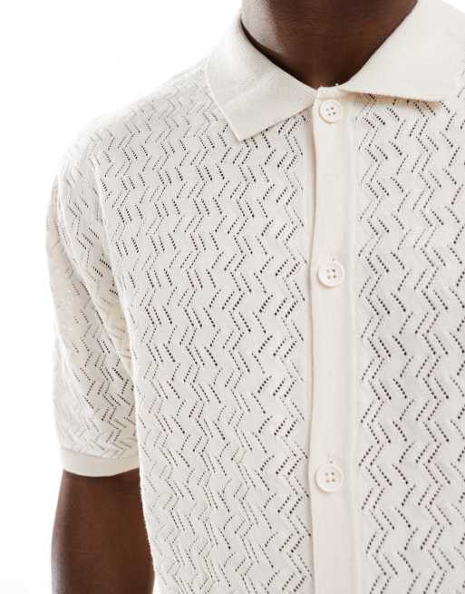 Jack & Jones - Camicia con bottoni color crema in maglia all'uncinetto, 3 di 4