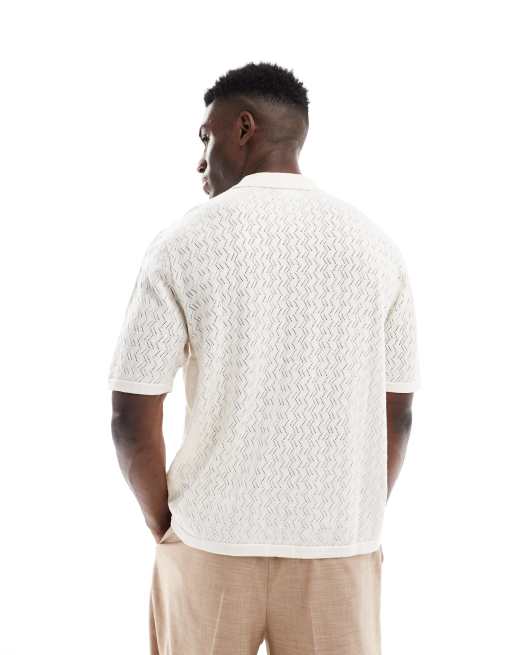 Jack & Jones - Camicia con bottoni color crema in maglia all'uncinetto, 4 di 4