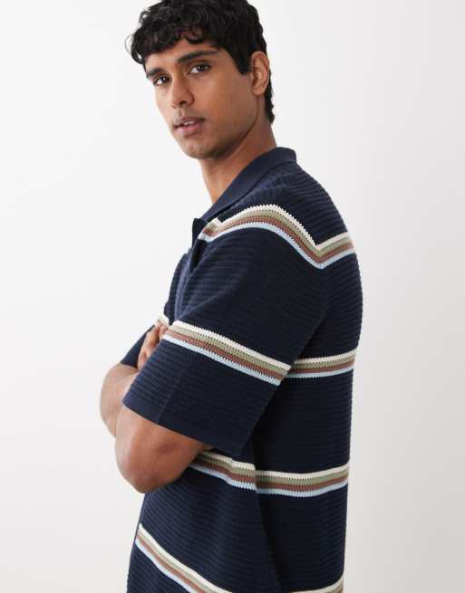Jack & Jones - Camicia in maglia blu navy a righe multicolore con bottoni, 3 di 5
