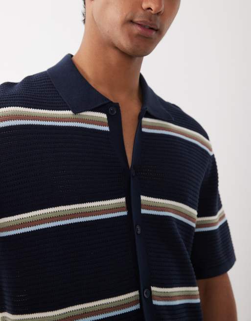 Jack & Jones - Camicia in maglia blu navy a righe multicolore con bottoni, 5 di 5