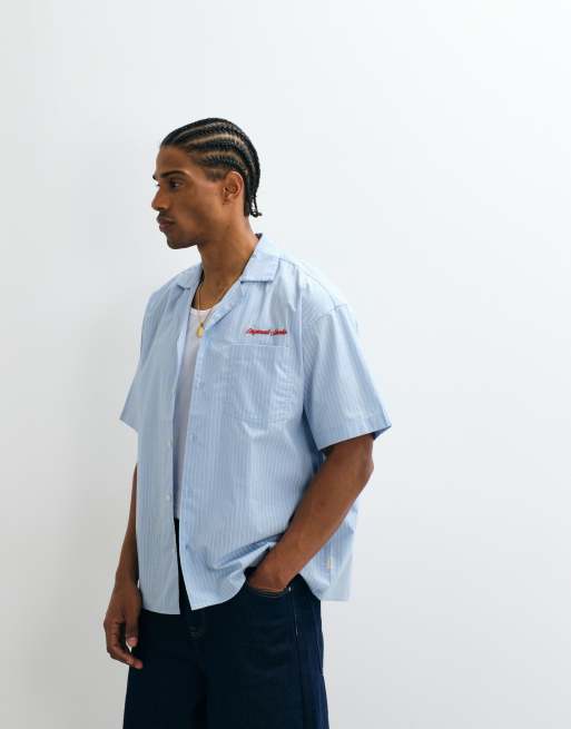 Jack & Jones - Camicia in popeline blu a righe con tasca ricamata, 4 di 5