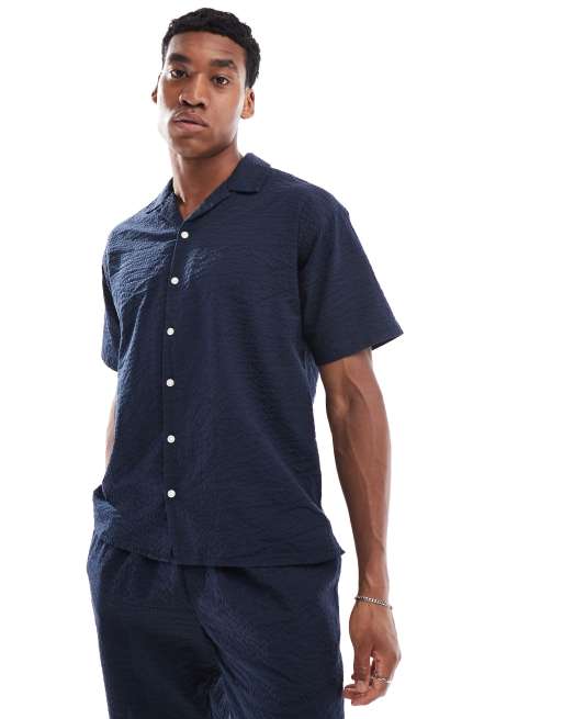 Jack & Jones - Camicia in seersucker blu navy con colletto con rever in coordinato