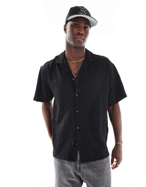 Jack & Jones - Camicia nera a maniche corte in seersucker con rever - view 1