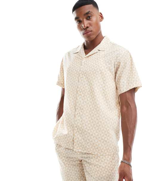 Jack & Jones - Camicia oversize beige con colletto a rever e stampa geometrica - view 1