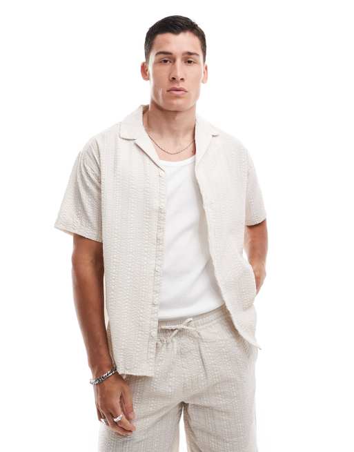 Jack & Jones - Camicia oversize beige stropicciata con colletto a rever