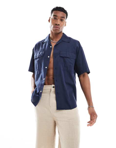 Jack & Jones - Camicia oversize in lino blu navy multitasche - view 1