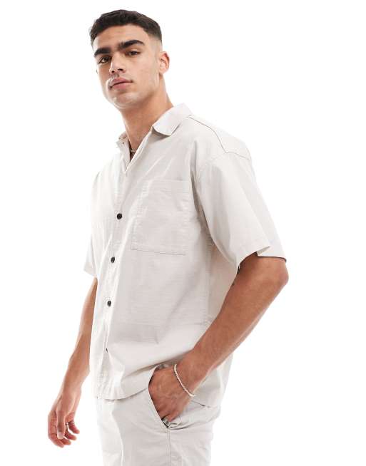 Jack & Jones - Camicia oversize testurizzata beige con bottoni a pressione in coordinato 